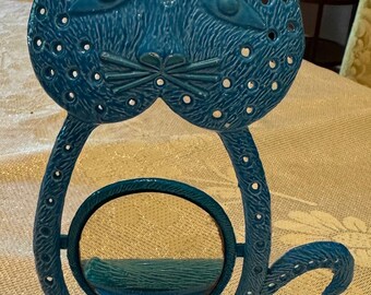 rare mid century blue cat earring holder with attached mirror( Read ALL Info)
