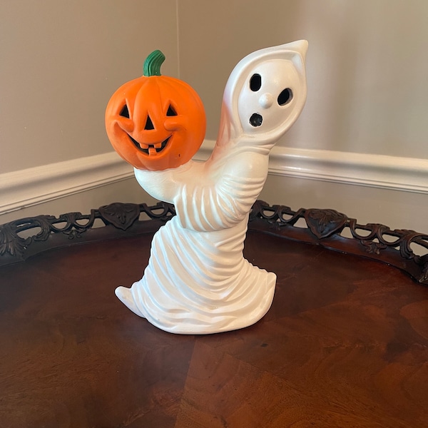 Vintage Ghost holding pumpkin painted, etched 1983 on bottom, Halloween, fall,( read ALL Info)Signature required