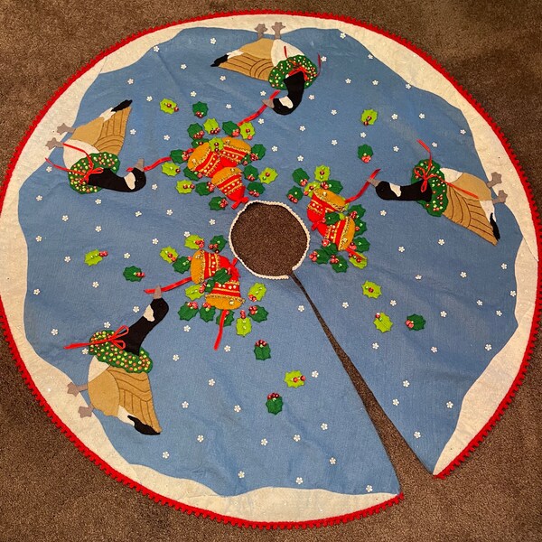 Vintage embroidered appliqué Christmas tree skirt with sequins, geese, and Christmas bells