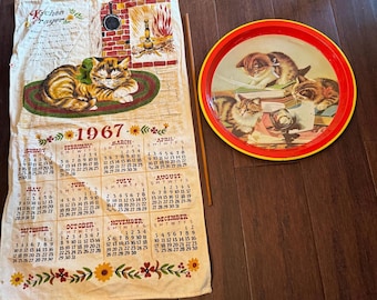 Vintage Cat wall hanging Calendar, from 1967, and Metal Cat Round Tray(both SOLD AS IS)