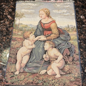 Vintage woven  tapestry from Italy of Madonna and Child.  (Measurements are in photos)