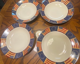 Red, white, blue flag salad/soup bowls set of -4- by Coventry Fourth of July 4, patriotic decor, Americana, ( read ALL info, Sold as Is)