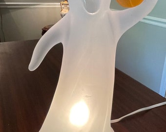 Rare Vintage blow mold acrylic ghost holding pumpkin lights up, Halloween ghost (measurements are in photos)