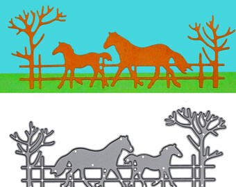 Horse & Foal Scene Metal Cutting Die – Countryside Fence Silhouette