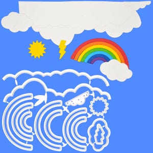 Wolken, zon, bliksem en regenboog stansmessen, weerkaarten maken, scrapbooking, knutselen, papierkunst, H8