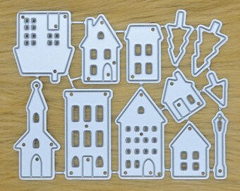Village Scene Building Cutting Dies | Houses Trees Lamppost Card Making Set F9