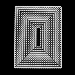 May include: A collection of white, scalloped-edge, rectangular nesting dies against a black backdrop. The dies are arranged in a series of progressively smaller rectangles, creating a layered effect. The innermost die is a solid rectangle.
