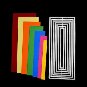 May include: A collection of colorful rectangular cardstock pieces in red, gold, orange, green, blue, pink, and yellow, each with a stitched border. A metal die-cut set of nested rectangles with a stitched border is also present.