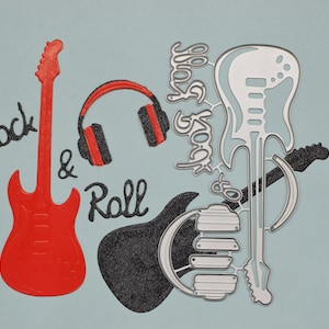 Een 'Rock & Roll'-gitaar, koptelefoon, metalen stansmessen, sjablonen, mannetje, kaarten maken, knutselen, scrapbooking A4