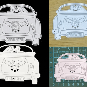 Pas gehuwde 'Just Married' auto metalen snijmal, meneer en mevrouw, liefde, bruiloft, kaarten maken, scrapbooking, knutselen, I8