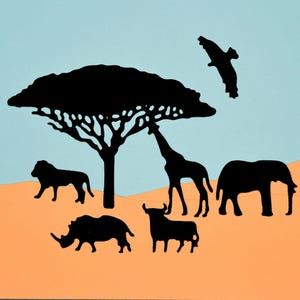 7 fustelle in metallo a tema safari africano, elefante, leone, rinoceronte, giraffa, bestia selvaggia, avvoltoio e albero di acacia, creazione di biglietti, scrapbooking F6