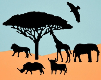 7 African Safari Themed Metal Cutting Dies, Elephant, Lion, Rhino, Giraffe, Wilder beast, Vulture & Acacia Tree, Card Making Scrapbooking F6