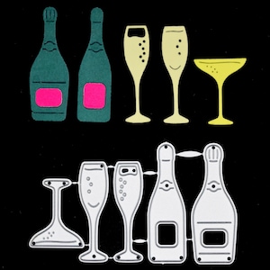 Set di fustelle in metallo per 2 bottiglie di champagne e 3 bicchieri, per matrimonio, celebrazione, festa, compleanno, Natale, creazione di biglietti, lavori di carta, F5
