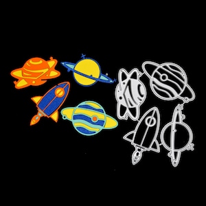 3 pianeti e razzo fustelle in metallo set, astronave, stencil, maschio, creazione di biglietti, scrapbooking, artigianato di carta G8
