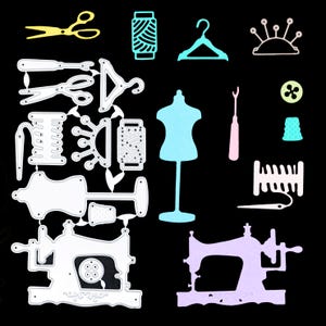 10-delige metalen stansmessenset met fourniturenthema, inclusief vingerhoed, etalagepop, schaar en meer, kaarten maken, scrapbooking, knutselen, C5
