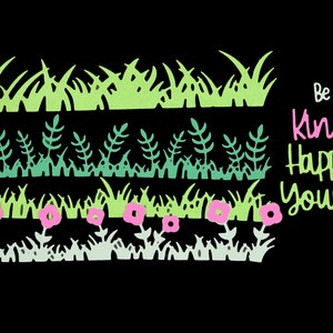 Grande set di 4 fustelle in metallo con bordi in erba con sentimenti "Be, Kind, Happy. Yourself", creazione di biglietti, scrapbooking I5