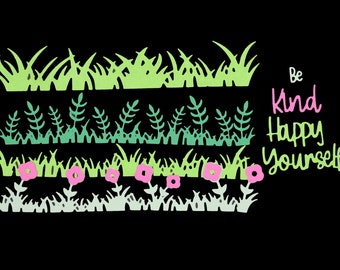 Large Set Of 4 Grass Border Edging Metal Cutting Dies Set With Sentiments "Be, Kind, Happy. Yourself", Card Making, Scrapbooking I5