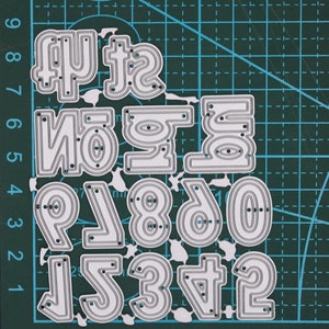May include: A set of metal number dies, ranging from 0 to 9, plus additional numbers. The dies are silver-colored and have a rounded font. They are arranged on a green cutting mat with grid lines.