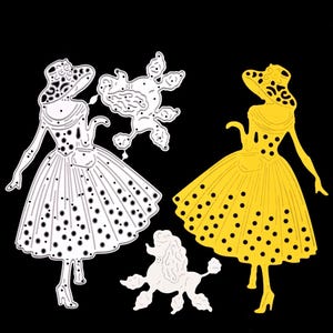 Fustelle in metallo retrò chic Lady With Dog, stencil, creazione di biglietti, scrapbooking, artigianato di carta C4
