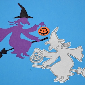 Heks & pompoen op bezemsteel Metalen snijmal, Halloween-snijsjabloon, kaarten maken, scrapbooking, fotoalbum, papierambachten D3