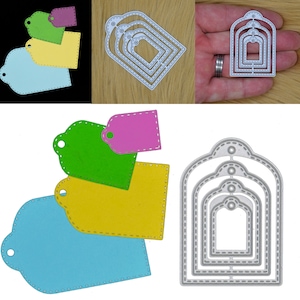 Nido di 4 piccole etichette con motivo a punto cucito, fustelle in metallo, scrapbooking, etichetta regalo, stencil, creazione di biglietti, scrapbooking, artigianato di carta, J1