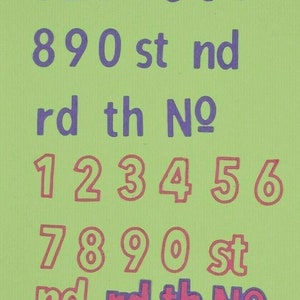 May include: A lime green background displays numbers 1 through 0, along with ordinal indicators. The numbers are in purple and red, with the ordinal indicators in purple. The numbers are in a simple, sans-serif font.