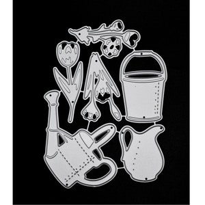 Set di fustelle in metallo a tema giardinaggio, secchio, brocca, brocca, annaffiatoio, fiori, stencil, creazione di biglietti, scrapbooking, lavori di carta H3
