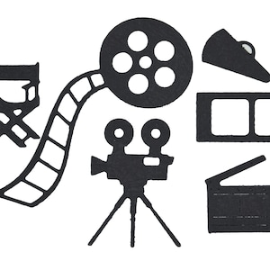 6-delige metalen snijstansset met film-/filmthema, camera, regisseursstoel, klepel, snijmallen, scrapbooking, knutselen, A3