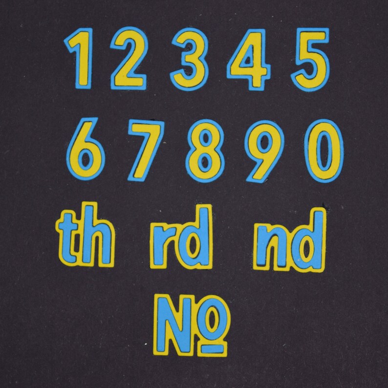 May include: A collection of yellow numbers and ordinal indicators with blue outlines, including the numbers 0-9, and the abbreviations "th", "rd", "nd", and "No". The numbers are displayed on a dark background.