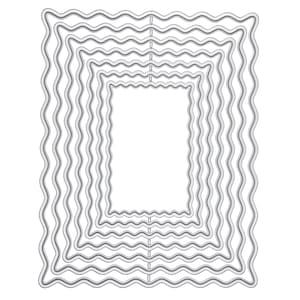 Könnte beinhalten: Ein Satz verschachtelter, wellenförmiger rechteckiger Stanzformen in verschiedenen Größen. Die Stanzformen bestehen aus hellgrauem Metall und sind in einer rechteckigen Form angeordnet, mit einem weißen Hintergrund. Die Kanten haben ein sich wiederholendes Wellenmuster.