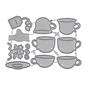 Könnte beinhalten: Ein graues Stanzbogen mit verschiedenen Tee-Motiven. Enthält Teetassen, eine Teekanne, einen Teebeutel und dekorative Elemente. Ideal für Bastel- und Scrapbooking-Projekte.