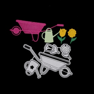Metalen stansmessen set tuinieren met kruiwagen, gieter en bloemen, stencils, kaarten maken, scrapbooking, knutselen F8