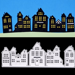 City Street Houses Fustellatura in metallo di qualità, stencil, creazione di biglietti, scrapbooking, artigianato di carta A6
