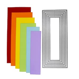 Puede incluir: Un conjunto de cinco recortes de papel rectangulares en rojo, naranja, amarillo, verde claro y morado claro, dispuestos en una pila vertical en cascada, junto a un marco de corte rectangular de metal plateado con un borde punteado.