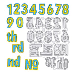 Dubbelgesneden metalen stansmessen Cijferset + achtervoegsels Th, St, Rd, Nd, No, Kaarten maken, scrapbooking, knutselen, stansnummers 2,2 cm hoog, A4
