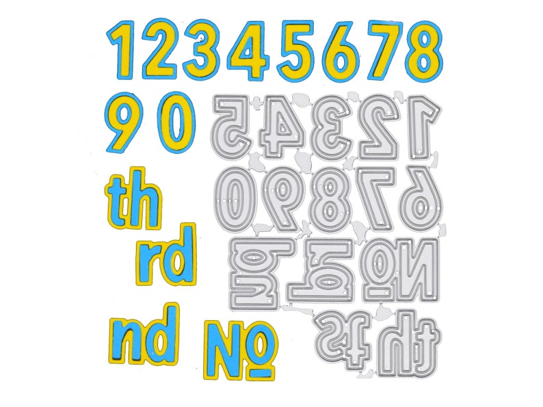 May include: A collection of number and ordinal die cuts. The numbers 1 through 9 and the ordinal suffixes "th", "rd", "nd", and "No" are in yellow with a blue outline. Additional die cuts of numbers are in silver.