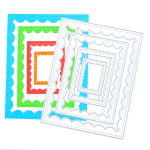 Idée de 4 matrices de découpe métal rectangle bord festonné, cadre intérieur festonné, fabrication de cartes, scrapbooking, pochoirs, travaux manuels en papier, D8