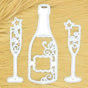Champagnefles en 2 glazen fluiten Metalen stansmessen, bruiloft, feest, feest, verjaardag, Kerstmis, Kaarten maken, Papier Ambachten, D5