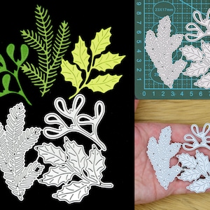 Set di fustelle in metallo con foglie di agrifoglio, pino e vischio, creazione di cartoline, artigianato, lavoretti con la carta, scrapbooking, album fotografico, E6