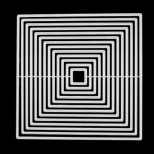 May include: A set of nested square metal cutting dies arranged in a concentric pattern. The silver-toned frames feature rounded corners and a thin, uniform border width, creating a series of progressively larger squares centered on a black background.