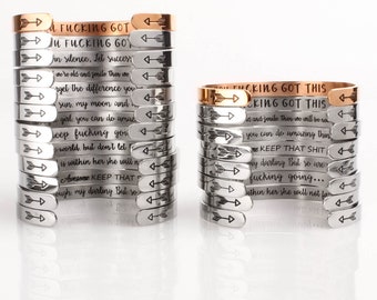 Inspirational Bracelets, Silver Cuff Bracelet Personalized, Mantra Bangle, Encouragement Gifts for Women Keep Fucking Going