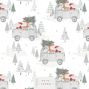 May include: A repeating pattern showing a white camper van with Santa, a reindeer, and a polar bear. The van is decorated with fairy lights and a Christmas tree. The background features stylized Christmas trees and a snowy landscape.