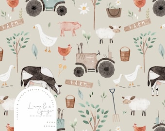 Gingers Farm, tractor, cow, duck, Seamless Fabric Design, Meadow,  Repeat Tile, Pattern Lunoe