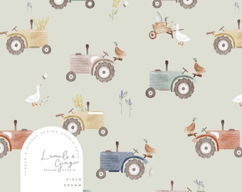 Camion de ferme, tracteur, Bobines, Conception de tissu sans couture, Prairie, Carrelage répété, Motif Lunoe