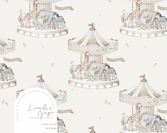May include: A seamless pattern featuring a watercolor illustration of a carousel with giraffes, elephants, zebras, and birds. The carousel is brown and white with a white background. The text "Hello Little One" is on a banner above the carousel. The text "Lumelo & Ginger Design Studio 2023" is in the bottom left corner of the pattern. The text "French 160mm" is in the bottom center of the pattern.