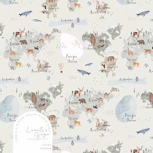 Eine Weltkarte nahtlose Stoffdesign, Tier, Globus, wiederholen Sie die Kachel, Muster Lunoe