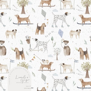 Könnte beinhalten: Eine Aquarell-Illustration mit verschiedenen Hunden in verschiedenen Posen und Aktivitäten, darunter Skateboardfahren, Rollschuhlaufen und Rollerfahren. Die Hunde tragen alle Halsbänder und Leinen, und einige halten Drachen. Der Hintergrund ist hellbeige mit einer subtilen Textur, und es sind Bäume, Wolken und Flaggen über das Design verteilt. Der Text "Lumelo & Ginger Design Studio 2023" und "SALT 200MM" ist ebenfalls im Design enthalten.