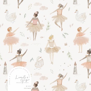 May include: A seamless pattern featuring watercolor illustrations of ballerinas in pink and beige tutus, white swans, clouds, stars, and leafy branches on a white background. The pattern includes the text "Lumelo & Ginger Design Studio 2023".