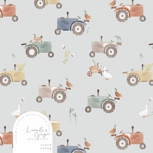 May include: A seamless pattern featuring watercolour illustrations of tractors in various colours, including blue, green, yellow, red, and brown. Each tractor has a duck or goose riding on the back. The background is a light blue colour with small floral and bee illustrations.