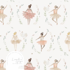 Puede incluir: Un patrón sin costuras con bailarinas en tutús rosa y beige, con coronas y estrellas doradas, y cisnes blancos sobre un fondo blanco. El patrón incluye el texto "Lumelo & Ginger Design Studio 2023 Linen 200mm".